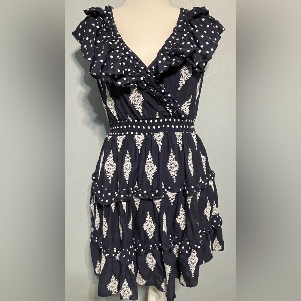 Talisman Kiki Navy Blue Ruffle Tiered Mini Dress Open Back Boho Resort XS - Picture 4 of 11